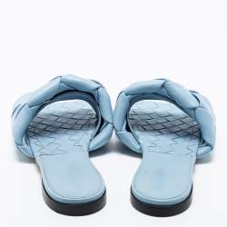 Pre Owned Bottega Veneta Blue Intrecciato Leather Lido Flat Slide Sandals Size 40.5