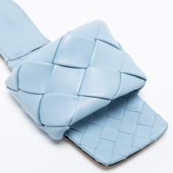 Pre Owned Bottega Veneta Blue Intrecciato Leather Lido Flat Slide Sandals Size 40.5