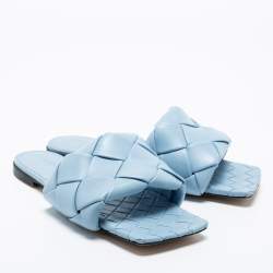Pre Owned Bottega Veneta Blue Intrecciato Leather Lido Flat Slide Sandals Size 40.5