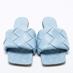 Pre Owned Bottega Veneta Blue Intrecciato Leather Lido Flat Slide Sandals Size 40.5