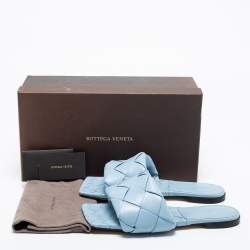 Pre Owned Bottega Veneta Blue Intrecciato Leather Lido Flat Slide Sandals Size 40.5