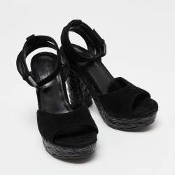 Pre Owned Bottega Veneta Black Intrecciato Suede Coated Espadrille Platform Sandals Size 36.5