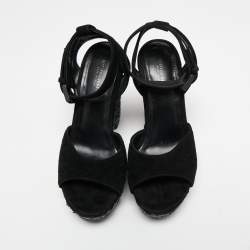 Pre Owned Bottega Veneta Black Intrecciato Suede Coated Espadrille Platform Sandals Size 36.5