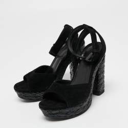 Pre Owned Bottega Veneta Black Intrecciato Suede Coated Espadrille Platform Sandals Size 36.5