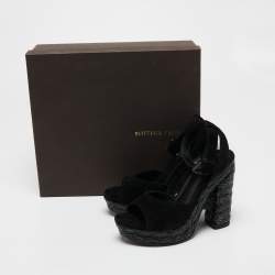 Pre Owned Bottega Veneta Black Intrecciato Suede Coated Espadrille Platform Sandals Size 36.5
