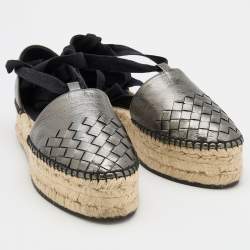Pre Owned Bottega Veneta Antracite Intrecciato Leather Espadrilles Platform Sandals Size 37