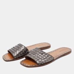 Pre Owned Bottega Veneta Metallic Grey Intrecciato Leather Flat Slides Size 41