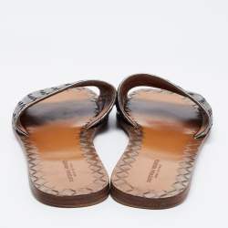 Pre Owned Bottega Veneta Metallic Grey Intrecciato Leather Flat Slides Size 41