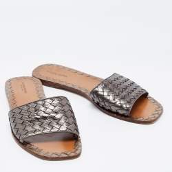 Pre Owned Bottega Veneta Metallic Grey Intrecciato Leather Flat Slides Size 41
