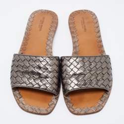 Pre Owned Bottega Veneta Metallic Grey Intrecciato Leather Flat Slides Size 41