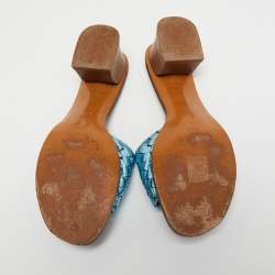 Pre Owned Bottega Veneta Metallic Blue Leather Block Heel Slide Sandals Size 38