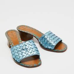 Pre Owned Bottega Veneta Metallic Blue Leather Block Heel Slide Sandals Size 38