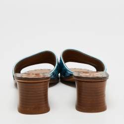 Pre Owned Bottega Veneta Metallic Blue Leather Block Heel Slide Sandals Size 38