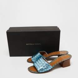Pre Owned Bottega Veneta Metallic Blue Leather Block Heel Slide Sandals Size 38