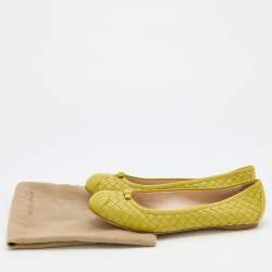 Pre Owned Bottega Veneta Citrine Intrecciato Leather Bow Ballet Flats Size 38