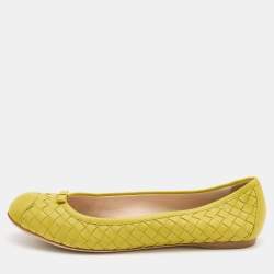 Pre Owned Bottega Veneta Citrine Intrecciato Leather Bow Ballet Flats Size 38