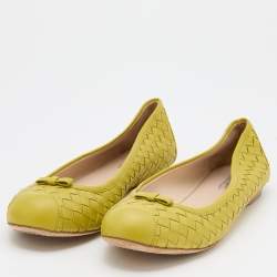 Pre Owned Bottega Veneta Citrine Intrecciato Leather Bow Ballet Flats Size 38
