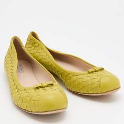 Pre Owned Bottega Veneta Citrine Intrecciato Leather Bow Ballet Flats Size 38