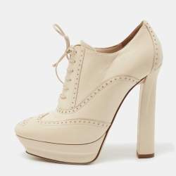 Pre Owned Bottega Veneta Cream Brogue Leather Oxford Platform Booties Size 39