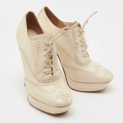 Pre Owned Bottega Veneta Cream Brogue Leather Oxford Platform Booties Size 39