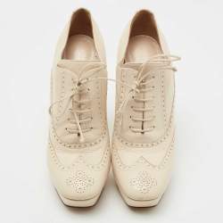 Pre Owned Bottega Veneta Cream Brogue Leather Oxford Platform Booties Size 39