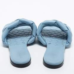 Pre Owned Bottega Veneta Blue Intrecciato Leather Lido Slide Sandals Size 39.5