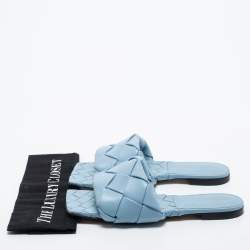 Pre Owned Bottega Veneta Blue Intrecciato Leather Lido Slide Sandals Size 39.5