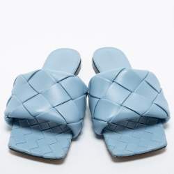 Pre Owned Bottega Veneta Blue Intrecciato Leather Lido Slide Sandals Size 39.5