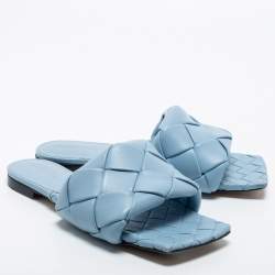 Pre Owned Bottega Veneta Blue Intrecciato Leather Lido Slide Sandals Size 39.5