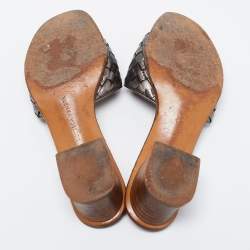 Pre Owned Bottega Veneta Metallic Intrecciato Leather Block Heel Slide Sandals Size 35.5