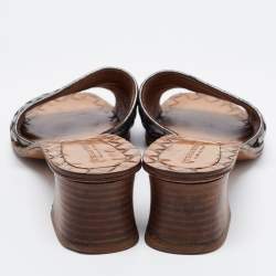 Pre Owned Bottega Veneta Metallic Intrecciato Leather Block Heel Slide Sandals Size 35.5