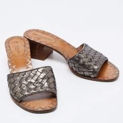 Pre Owned Bottega Veneta Metallic Intrecciato Leather Block Heel Slide Sandals Size 35.5