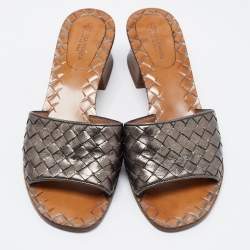 Pre Owned Bottega Veneta Metallic Intrecciato Leather Block Heel Slide Sandals Size 35.5
