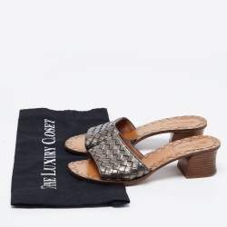 Pre Owned Bottega Veneta Metallic Intrecciato Leather Block Heel Slide Sandals Size 35.5