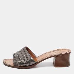 Pre Owned Bottega Veneta Metallic Intrecciato Leather Block Heel Slide Sandals Size 35.5