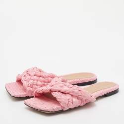 Pre Owned Bottega Veneta Pink Woven Raffia Stretch Flat Slides Size 38