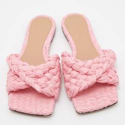 Pre Owned Bottega Veneta Pink Woven Raffia Stretch Flat Slides Size 38