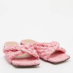 Pre Owned Bottega Veneta Pink Woven Raffia Stretch Flat Slides Size 38
