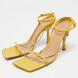 مملوكة مسبقًا Bottega Veneta Yellow  Leather Stretch Chain Embellished Ankle Strap Sandals Size 38.5