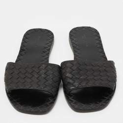 Pre Owned Bottega Veneta Black Intrecciato Leather Flat Slides Size 38 
