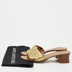 Pre Owned Bottega Veneta Gold Intrecciato Leather Ravello Slide Sandals Size 37