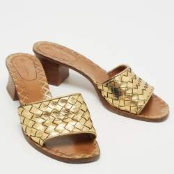Pre Owned Bottega Veneta Gold Intrecciato Leather Ravello Slide Sandals Size 37