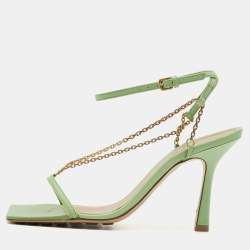 Pre Owned Bottega Veneta Green Leather Chain Ankle Strap Sandals Size 36