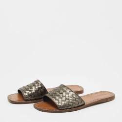 Pre Owned Bottega Veneta Metallic Intrecciato Leather Flat Slides Size 39.5