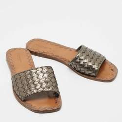 Pre Owned Bottega Veneta Metallic Intrecciato Leather Flat Slides Size 39.5