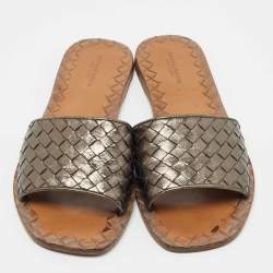 Pre Owned Bottega Veneta Metallic Intrecciato Leather Flat Slides Size 39.5