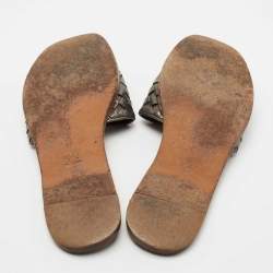 Pre Owned Bottega Veneta Metallic Intrecciato Leather Flat Slides Size 39.5