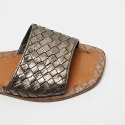 Pre Owned Bottega Veneta Metallic Intrecciato Leather Flat Slides Size 39.5