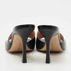 Pre Owned Bottega Veneta Black Leather Square Toe Slide Sandals Size 38.5