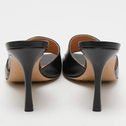 Pre Owned Bottega Veneta Black Leather Square Toe Slide Sandals Size 37.5